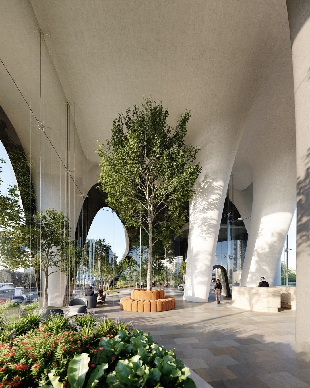 Artist&rsquo;s impression of the tree-planted ground floor arrival court at One Park Lane
